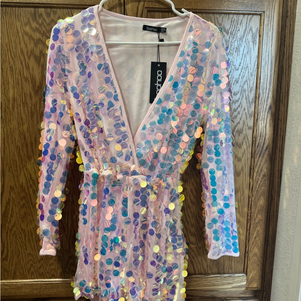 Boohoo Sequin Romper in Pink and Multicolor